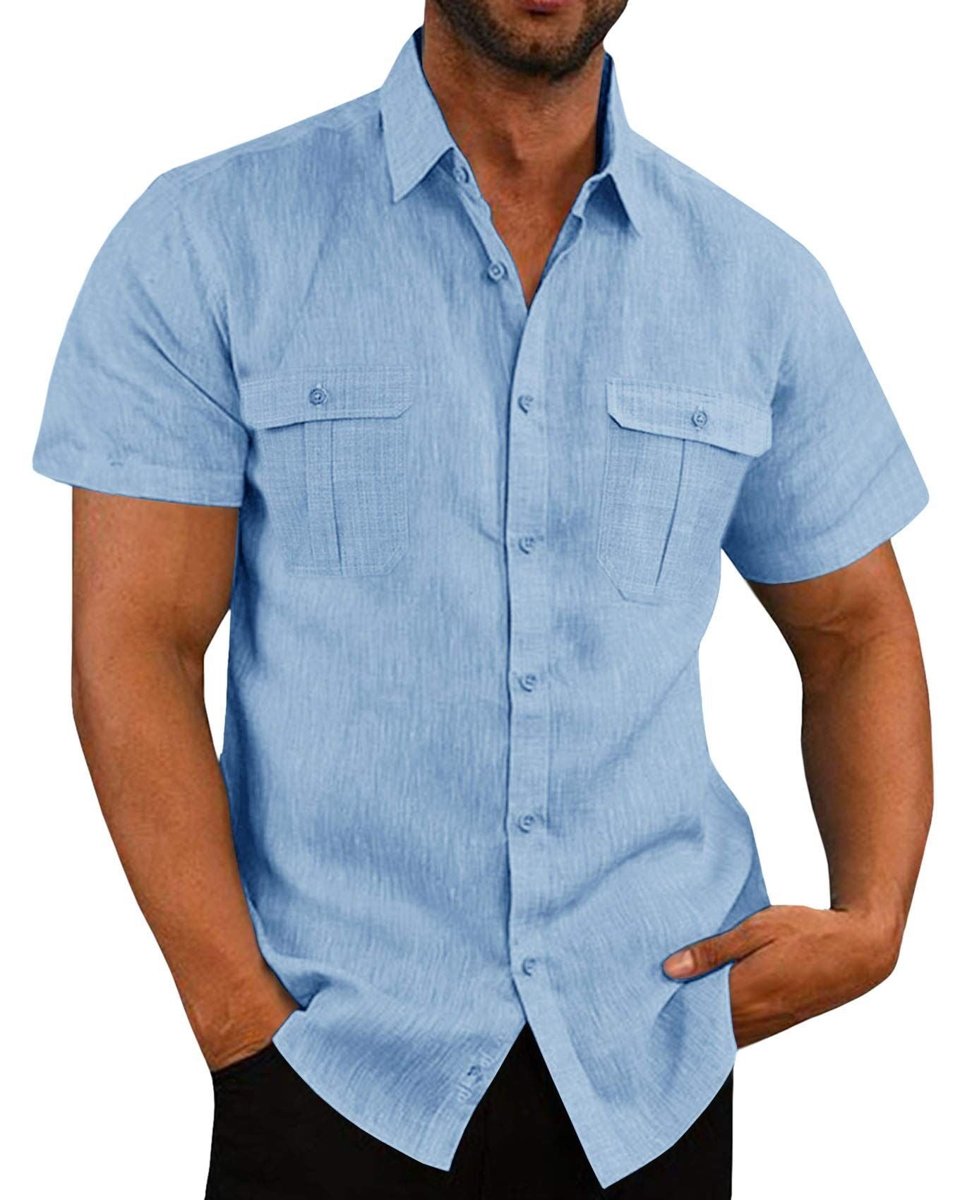 Men's Summer Casual Double Pocket Wide Collar Beach Shirt Summer Light blue L