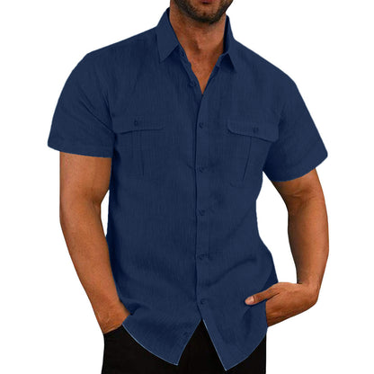 Men's Summer Casual Double Pocket Wide Collar Beach Shirt Summer Navy blue L