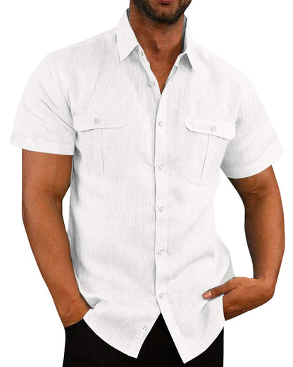 Men's Summer Casual Double Pocket Wide Collar Beach Shirt Summer White L