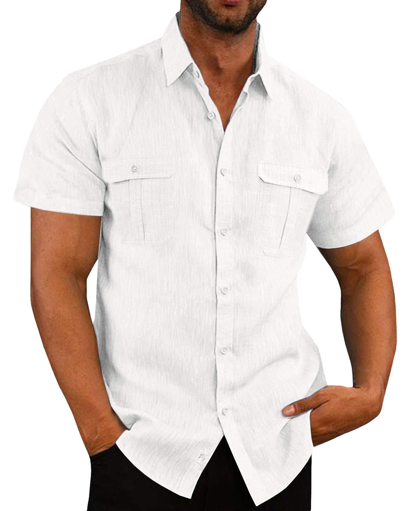 Men's Summer Casual Double Pocket Wide Collar Beach Shirt Summer White XL