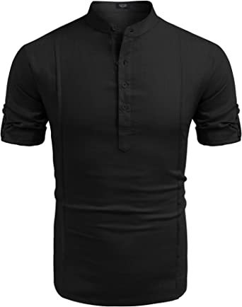 Henley Style Linen Shirt Men Casual Beach Shirt Short Sleeve T-Shirt Summer Black L