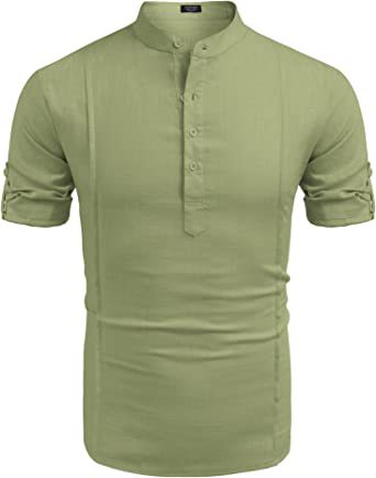 Henley Style Linen Shirt Men Casual Beach Shirt Short Sleeve T-Shirt Summer Green L