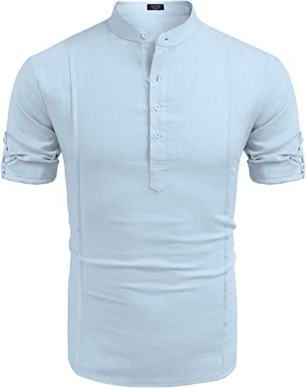 Henley Style Linen Shirt Men Casual Beach Shirt Short Sleeve T-Shirt Summer Sky blue L