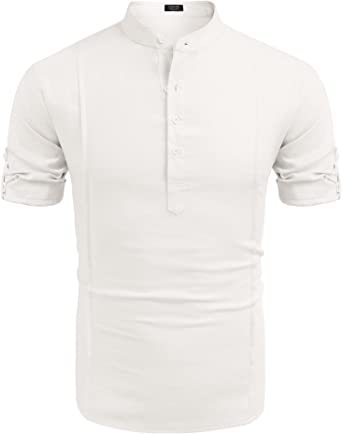 Henley Style Linen Shirt Men Casual Beach Shirt Short Sleeve T-Shirt Summer White L