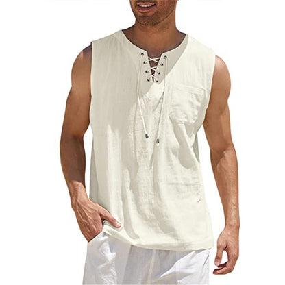 Summer Tank Vest Men Shirt Collar Tie Short Sleeve T-Shirt Apricot 3XL