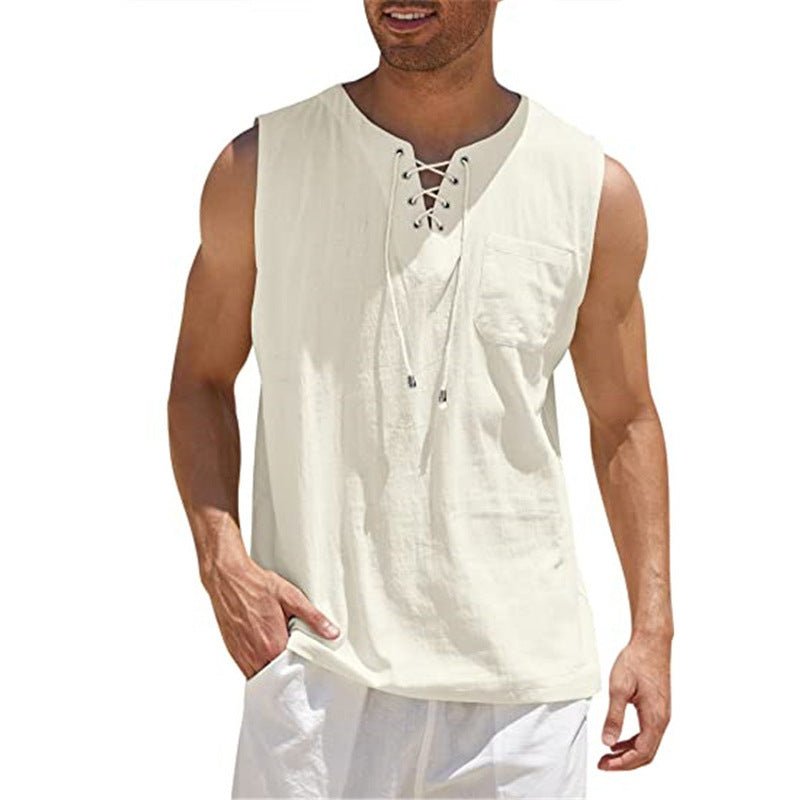 Summer Tank Vest Men Shirt Collar Tie Short Sleeve T-Shirt Apricot 5XL