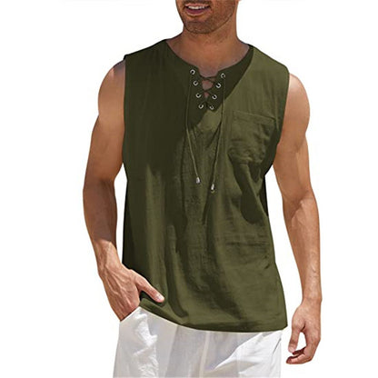 Summer Tank Vest Men Shirt Collar Tie Short Sleeve T-Shirt Army green 3XL