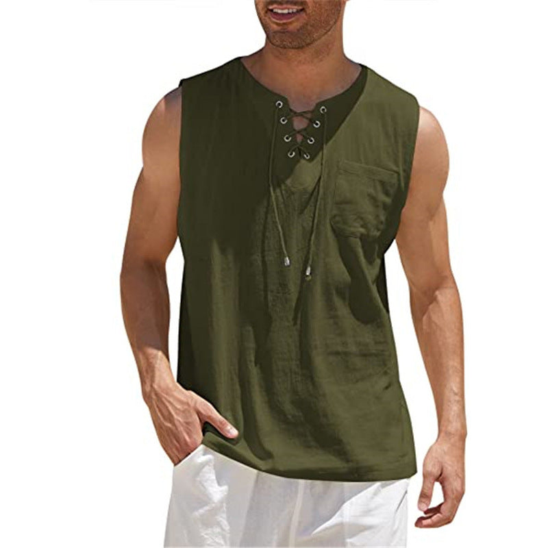 Summer Tank Vest Men Shirt Collar Tie Short Sleeve T-Shirt Army green 4XL