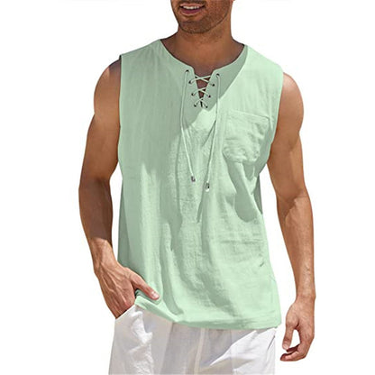 Summer Tank Vest Men Shirt Collar Tie Short Sleeve T-Shirt Bean green 3XL