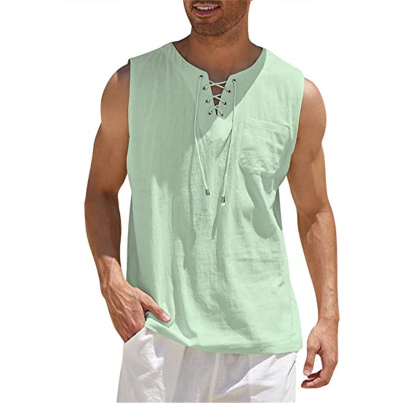 Summer Tank Vest Men Shirt Collar Tie Short Sleeve T-Shirt Bean green 5XL