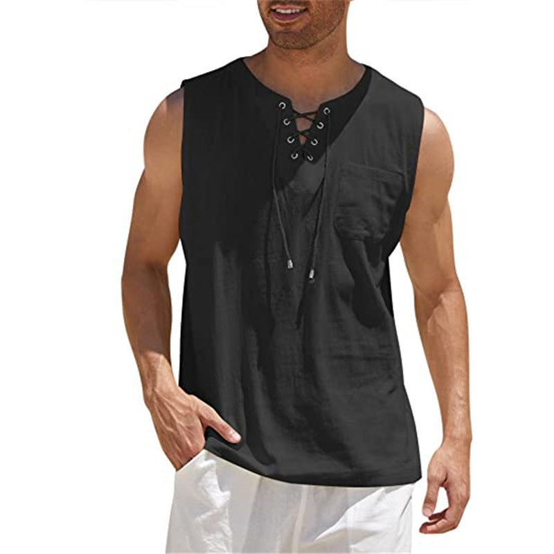 Summer Tank Vest Men Shirt Collar Tie Short Sleeve T-Shirt Black 3XL