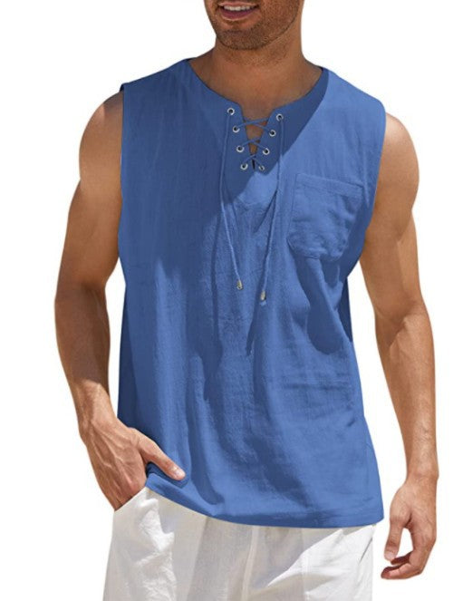 Summer Tank Vest Men Shirt Collar Tie Short Sleeve T-Shirt Blue 5XL