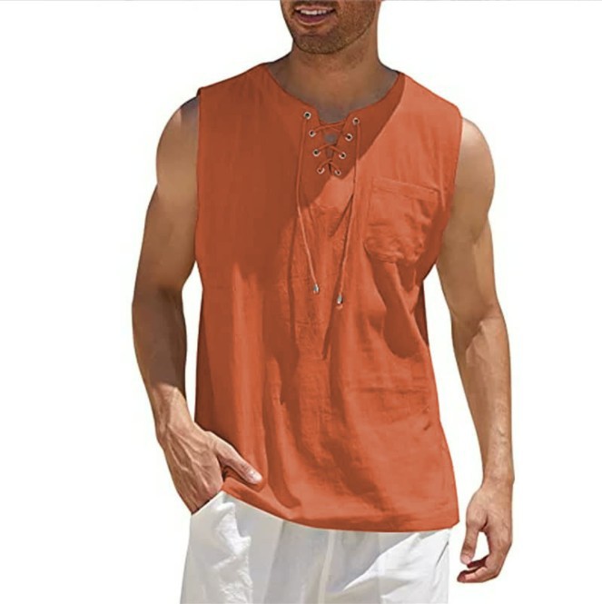 Summer Tank Vest Men Shirt Collar Tie Short Sleeve T-Shirt Brick red 3XL