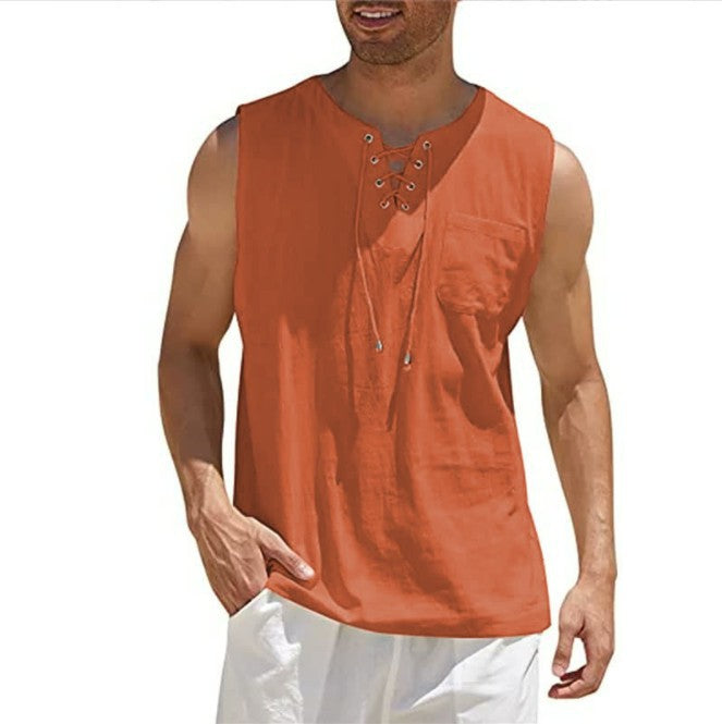 Summer Tank Vest Men Shirt Collar Tie Short Sleeve T-Shirt Brick red 5XL