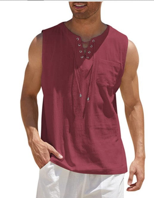 Summer Tank Vest Men Shirt Collar Tie Short Sleeve T-Shirt Burgundy 4XL