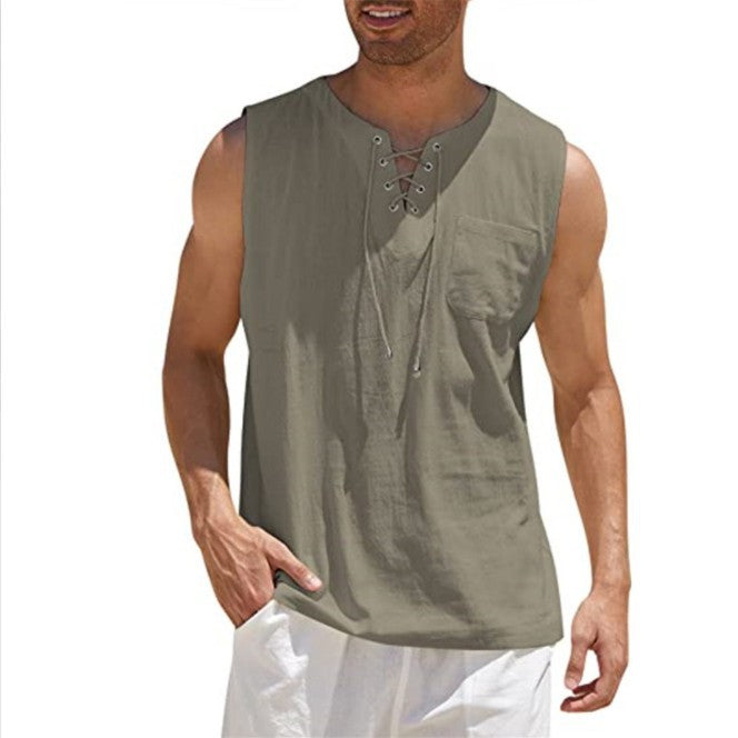 Summer Tank Vest Men Shirt Collar Tie Short Sleeve T-Shirt Camel 3XL