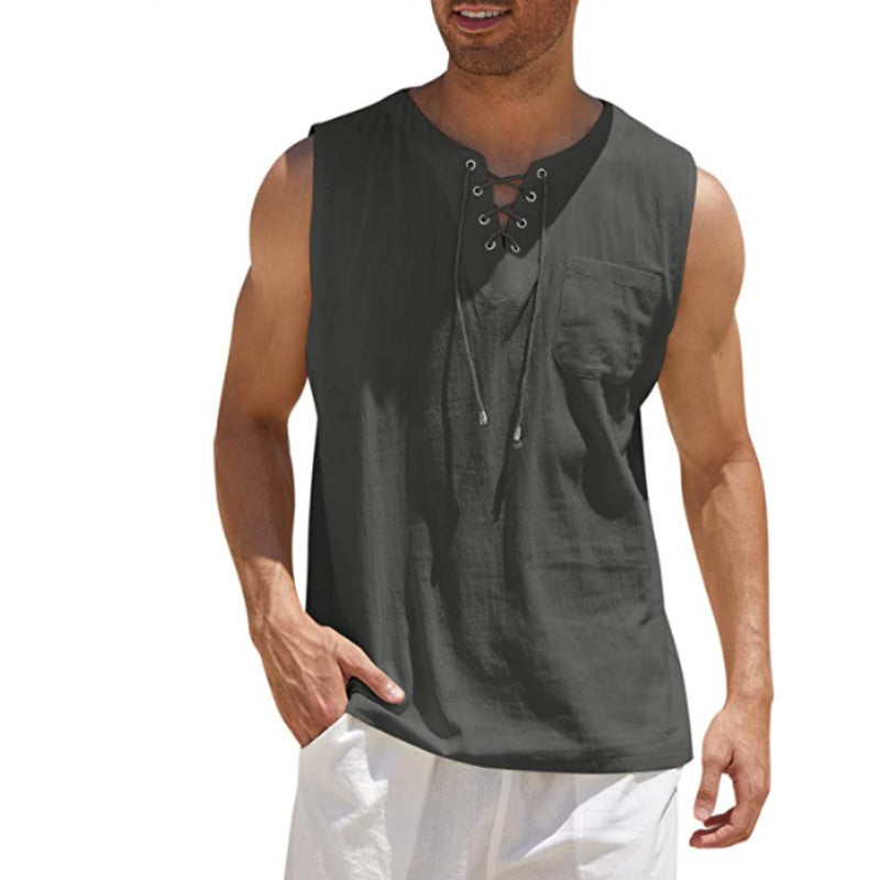 Summer Tank Vest Men Shirt Collar Tie Short Sleeve T-Shirt Dark gray 5XL