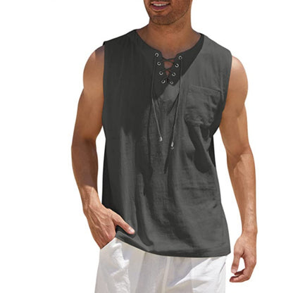 Summer Tank Vest Men Shirt Collar Tie Short Sleeve T-Shirt Dark gray M