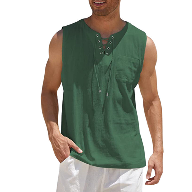 Summer Tank Vest Men Shirt Collar Tie Short Sleeve T-Shirt Dark green 4XL