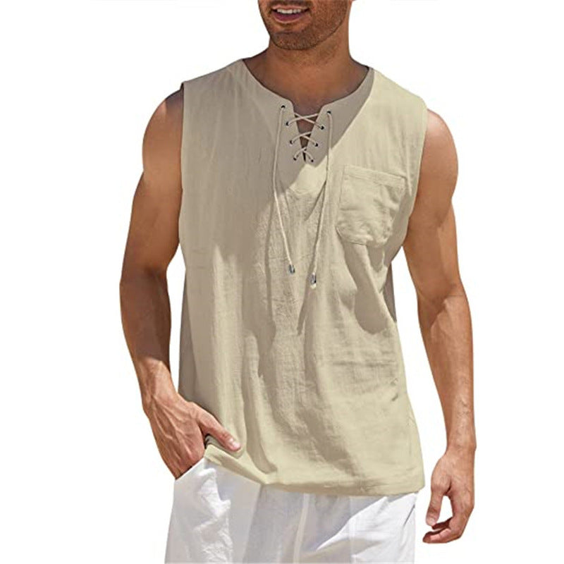 Summer Tank Vest Men Shirt Collar Tie Short Sleeve T-Shirt Khaki 3XL