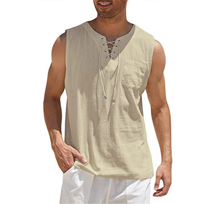 Summer Tank Vest Men Shirt Collar Tie Short Sleeve T-Shirt Khaki 5XL