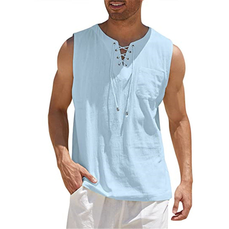 Summer Tank Vest Men Shirt Collar Tie Short Sleeve T-Shirt Light Blue 3XL