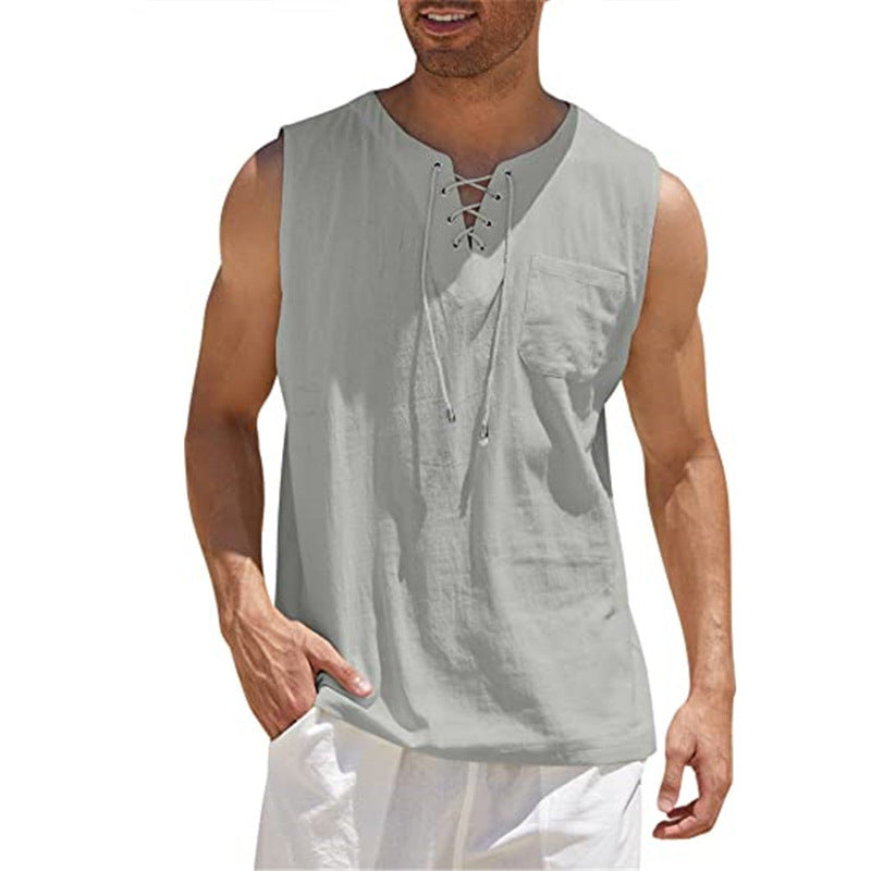 Summer Tank Vest Men Shirt Collar Tie Short Sleeve T-Shirt Light gray 3XL