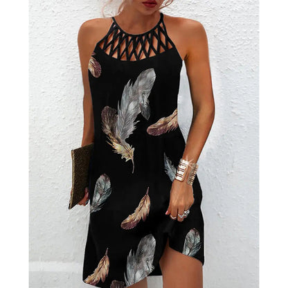 Fashion Print Dress Casual Halterneck Dresses For Women Summer Clothes Black feather 4XL