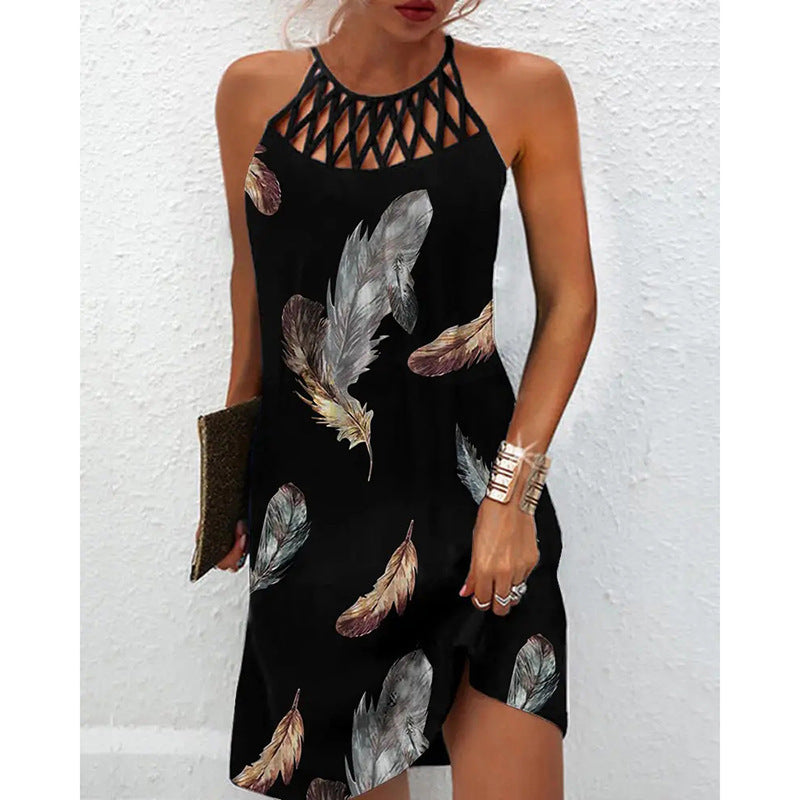 Fashion Print Dress Casual Halterneck Dresses For Women Summer Clothes Black feather L