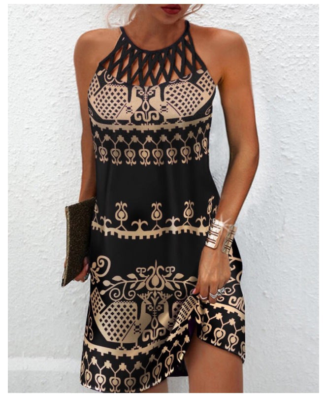 Fashion Print Dress Casual Halterneck Dresses For Women Summer Clothes Black vintage print XXL