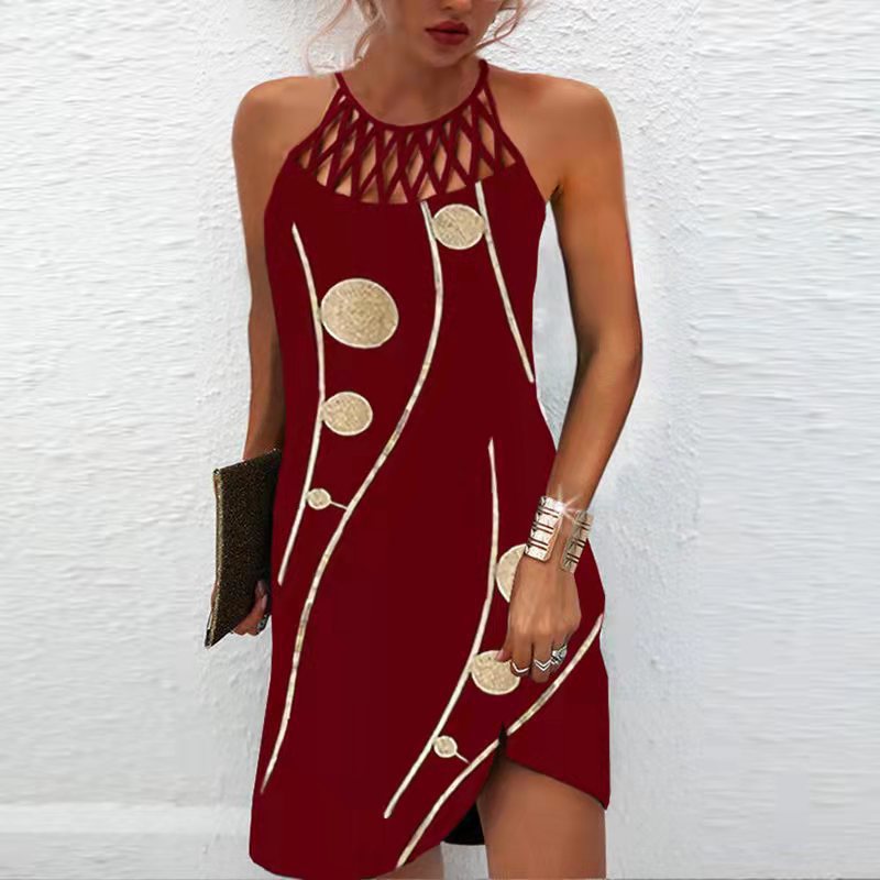 Fashion Print Dress Casual Halterneck Dresses For Women Summer Clothes Burgundy 4XL