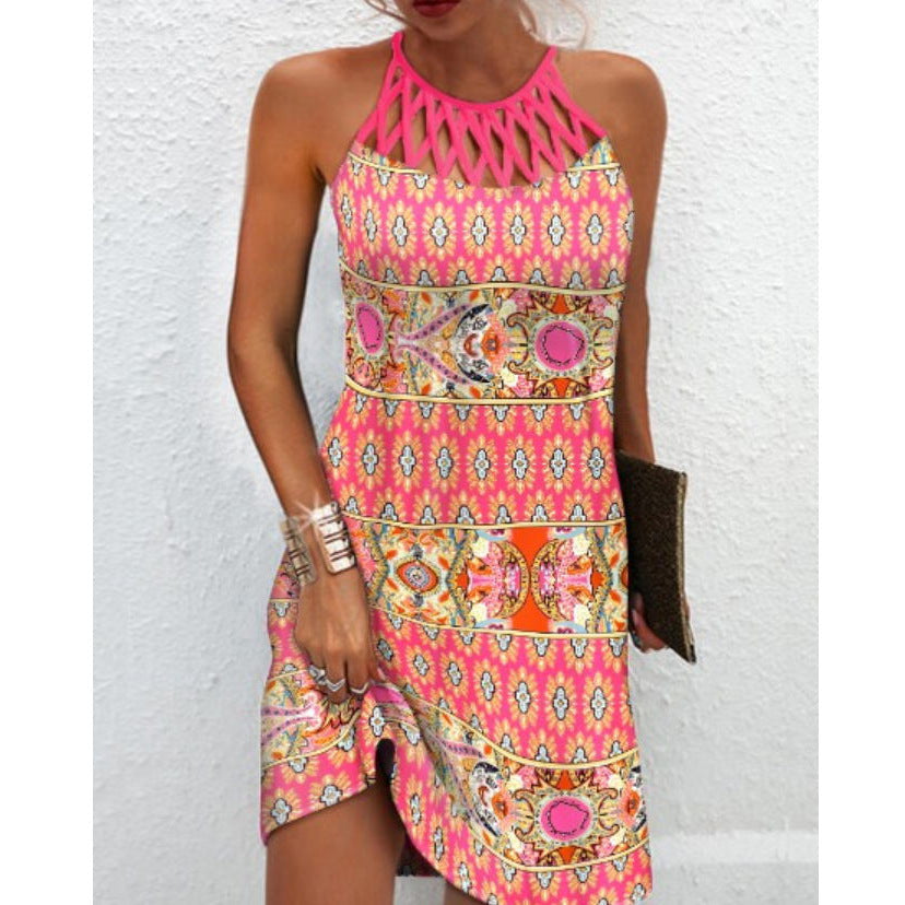 Fashion Print Dress Casual Halterneck Dresses For Women Summer Clothes Pink vintage print L