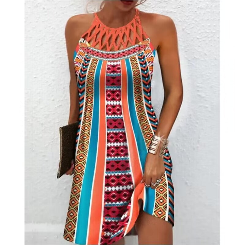 Fashion Print Dress Casual Halterneck Dresses For Women Summer Clothes Rainbow color 4XL