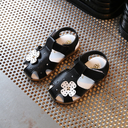 Fashion Solid Color Baotou Children Flower Leather Sandals Black 21