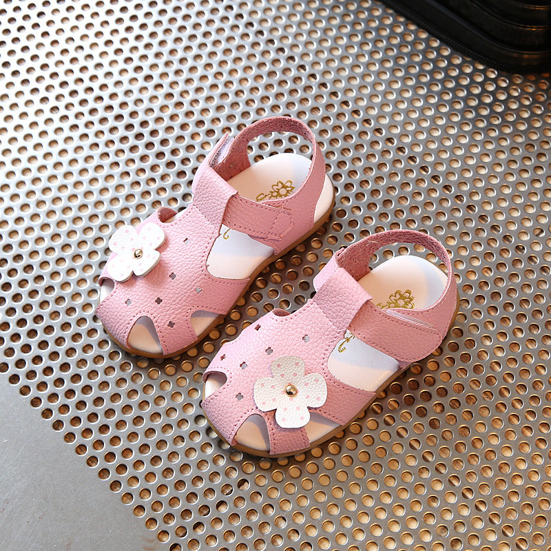 Fashion Solid Color Baotou Children Flower Leather Sandals Pink 21