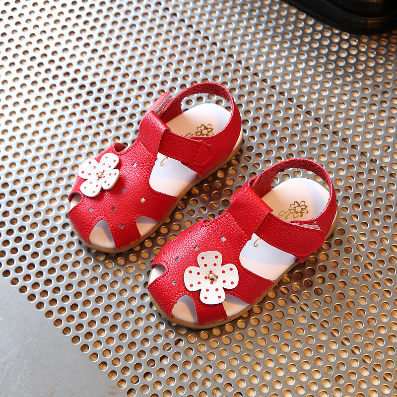 Fashion Solid Color Baotou Children Flower Leather Sandals Red 21