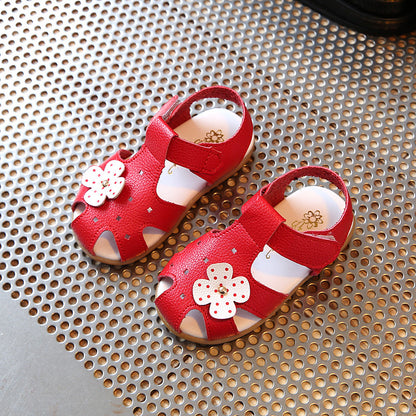 Fashion Solid Color Baotou Children Flower Leather Sandals Red 22