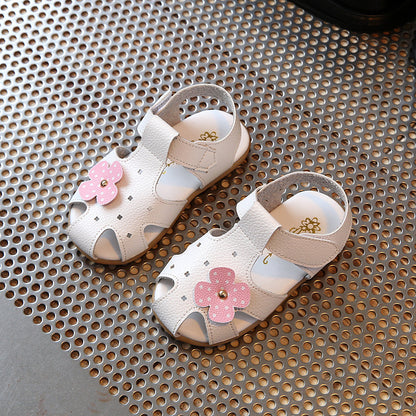 Fashion Solid Color Baotou Children Flower Leather Sandals White 23