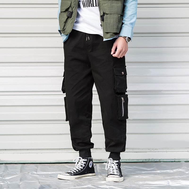 Cute Urban Casual Cargo Pant Men Harajuku Pencil Pants Many Pockets Black 3XL