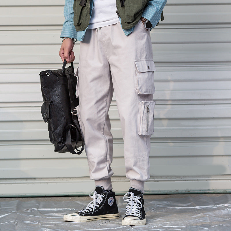 Cute Urban Casual Cargo Pant Men Harajuku Pencil Pants Many Pockets Gray M