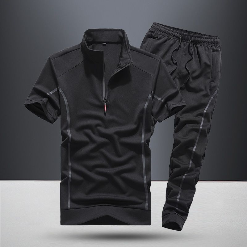 Cute Men's Spring And Summer Stand Collar Short Sleeve Two piece Black suit 2XL