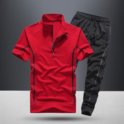 Cute Men's Spring And Summer Stand Collar Short Sleeve Two piece Red suit L