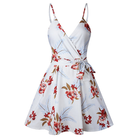 Lovely Women's Summer Print Sling Backless V-neck dress