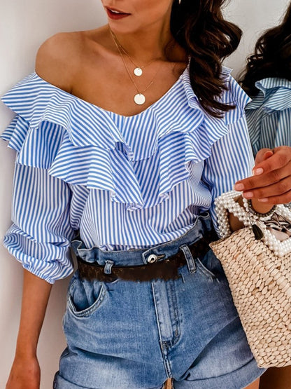 Women's Short Sleeve Office Lady Blouse Tops Blue 2XL