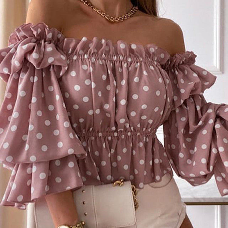 Lovely Women's Long Sexy Sleeve Blouse Pink polka dot sleeves L