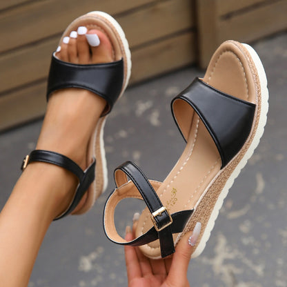 Ankle Buckle Wedges Sandals For Women Summer Platform Shoes Black 36.