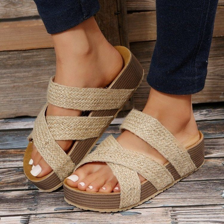 Elegant Woven Cross-strap Slippers Summer Platform Sandals Women Flat Beach Shoes Beige Size36