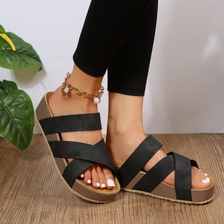 Elegant Woven Cross-strap Slippers Summer Platform Sandals Women Flat Beach Shoes Black Size35