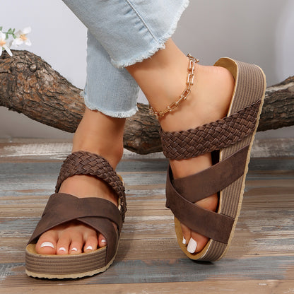 Elegant Woven Cross-strap Slippers Summer Platform Sandals Women Flat Beach Shoes Dark brown Size35