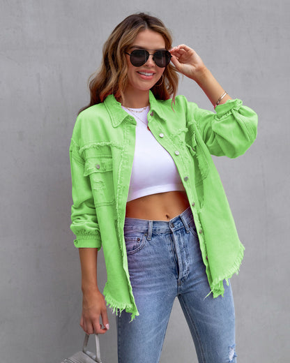 Comfy Women's Fashion Ripped Shirt Jacket Autumn Spring Season Apple Green 2XL